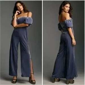 Anthropologie Velvet Jumpsuit Size 10 Blue Off Shoulder Ruched Wide Leg Occasion